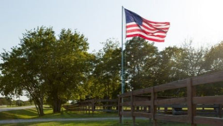 An American flag flying on a flagpole outside of a parking garage with trees in background