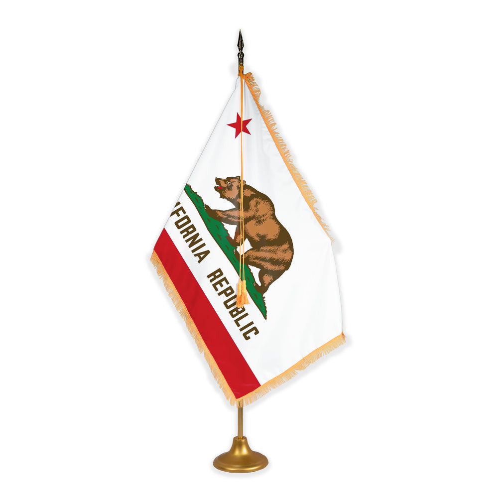 California adjustable indoor flag set with gold fringe on metal stand