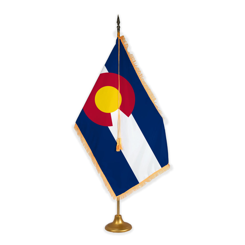 Colorado adjustable indoor flag set with gold fringe on metal stand