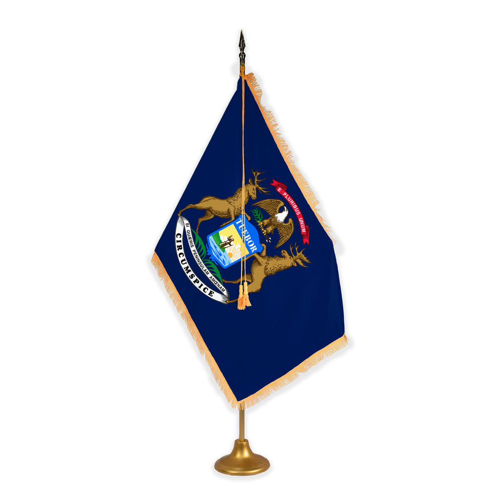 Michigan adjustable indoor flag set with gold fringe on metal stand