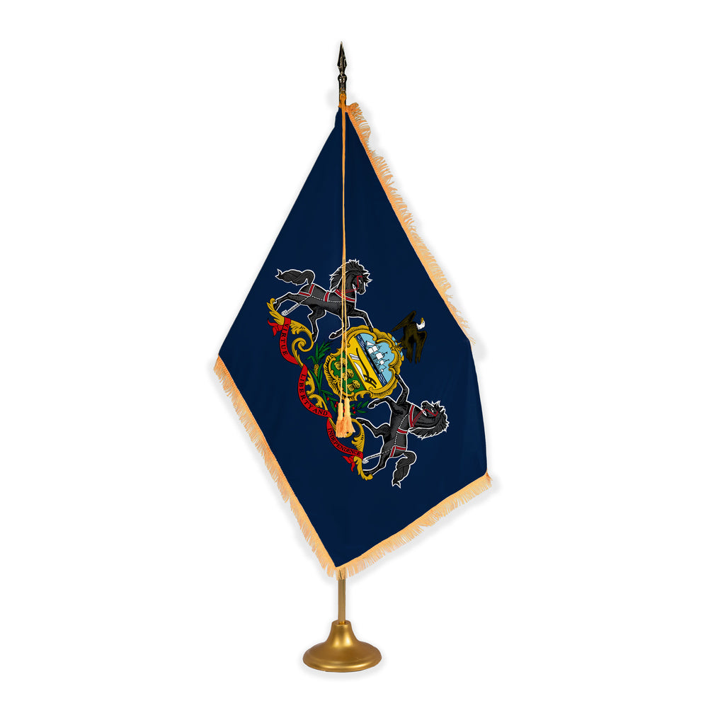 Pennsylvania adjustable indoor flag set with gold fringe on metal stand