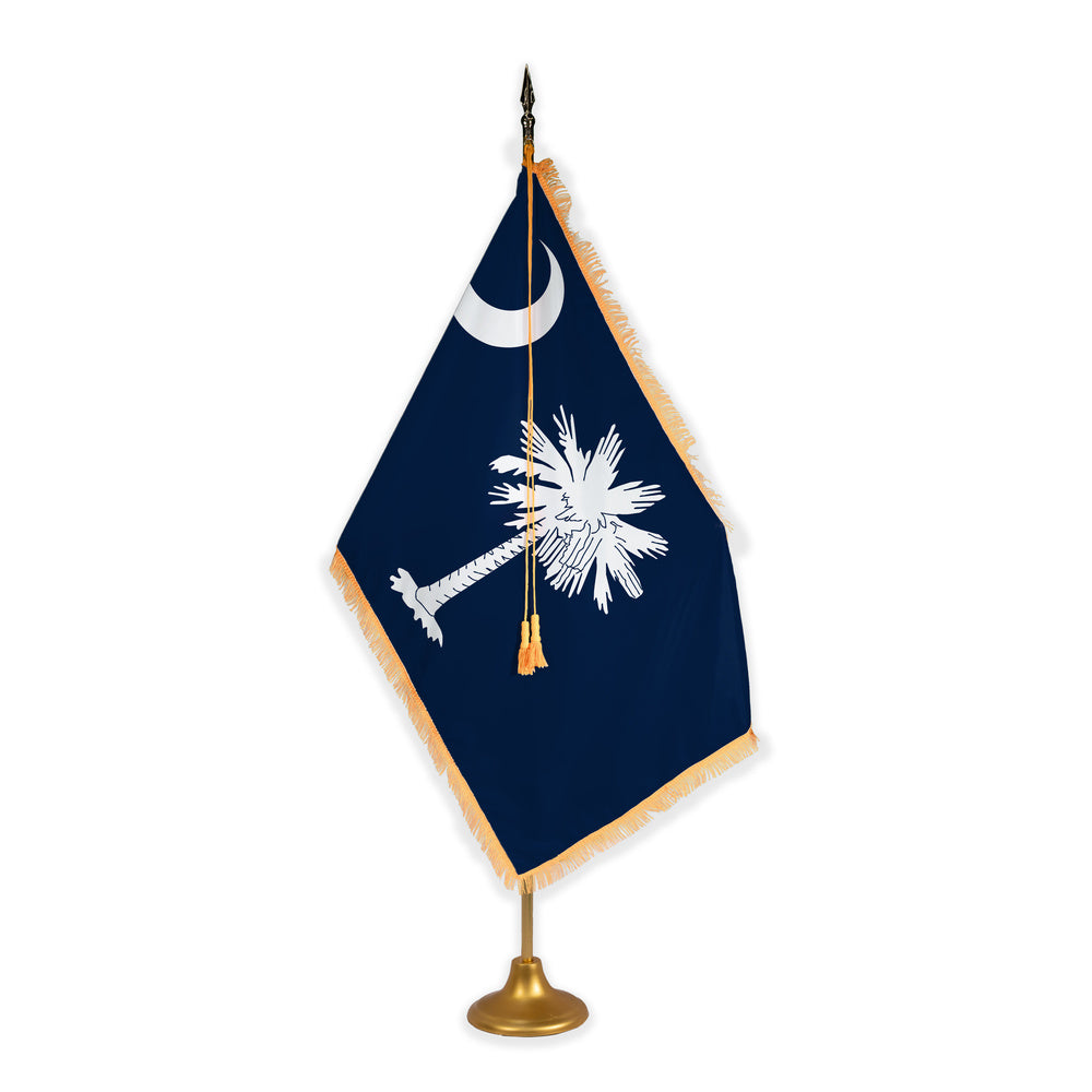 South Carolina adjustable indoor flag set with gold fringe on metal stand