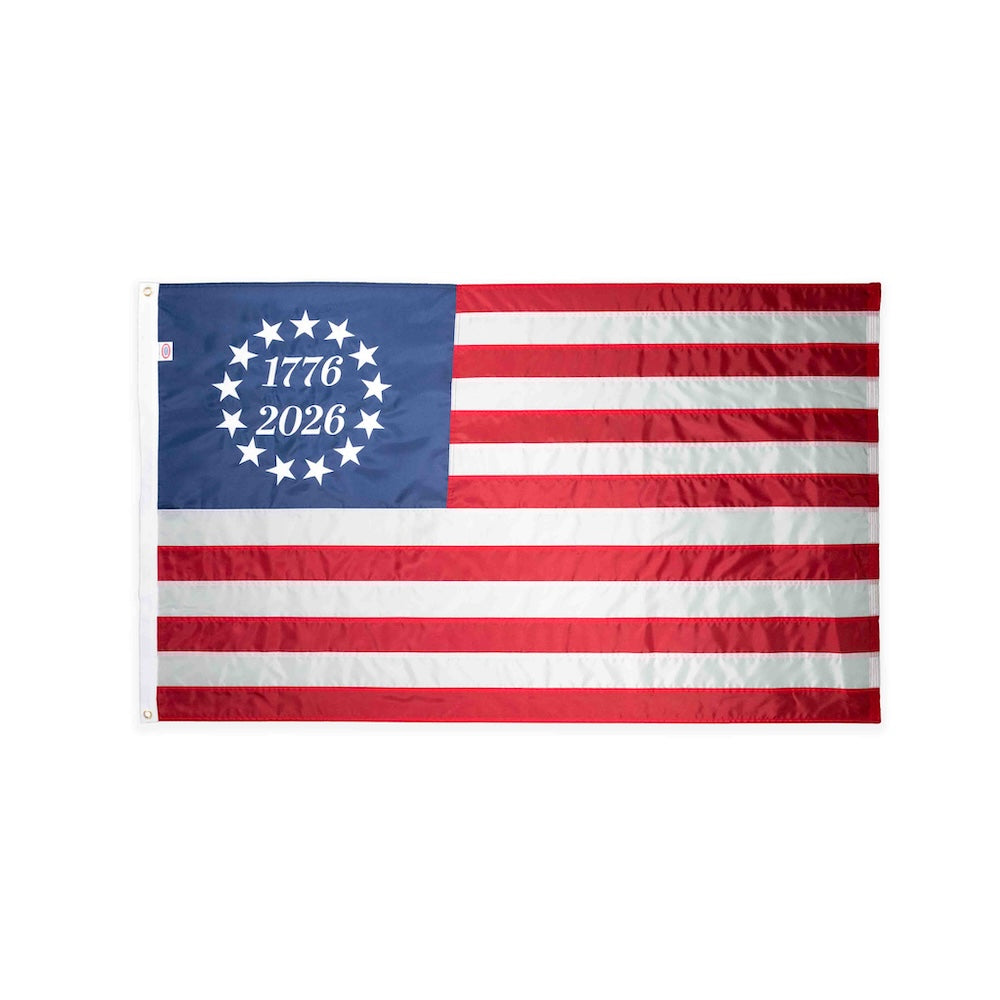 Betsy Ross 1776-2026 embroidered nylon flag with heading and grommets