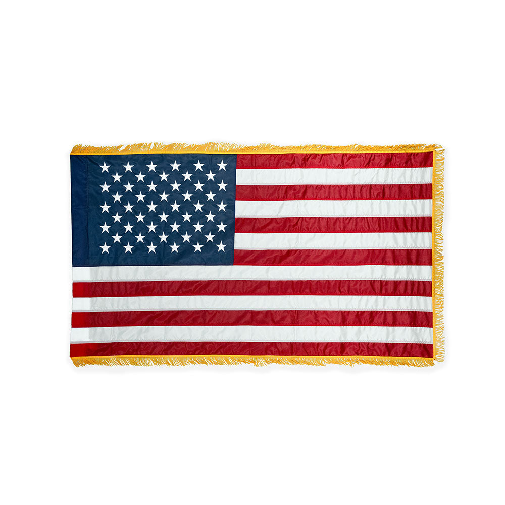 Indoor American flag with pole sleeve and fringe