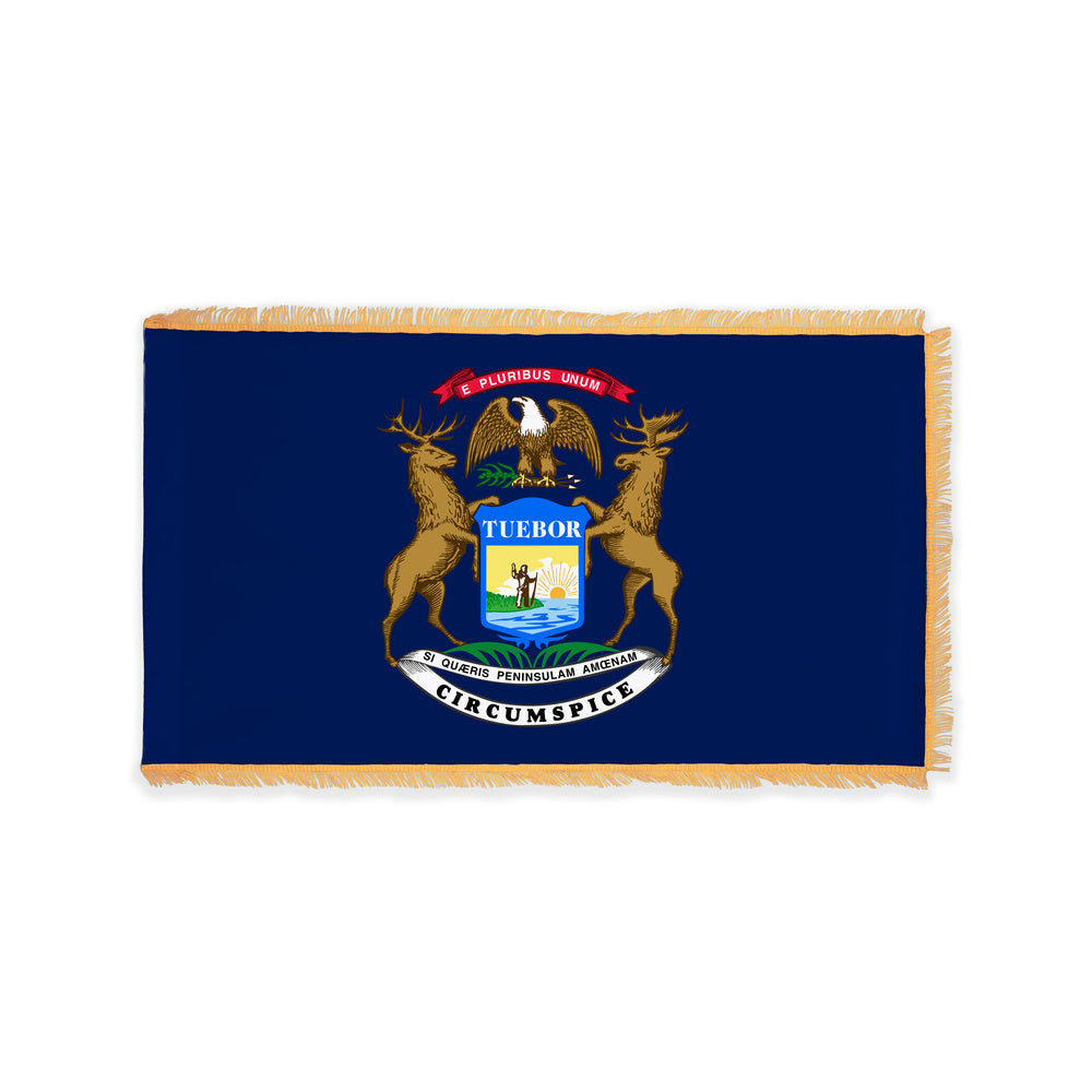 Michigan state flag with pole sleeve and fringe