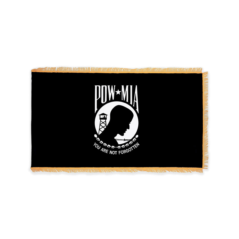 POW/MIA double sided flag with pole sleeve and gold fringe