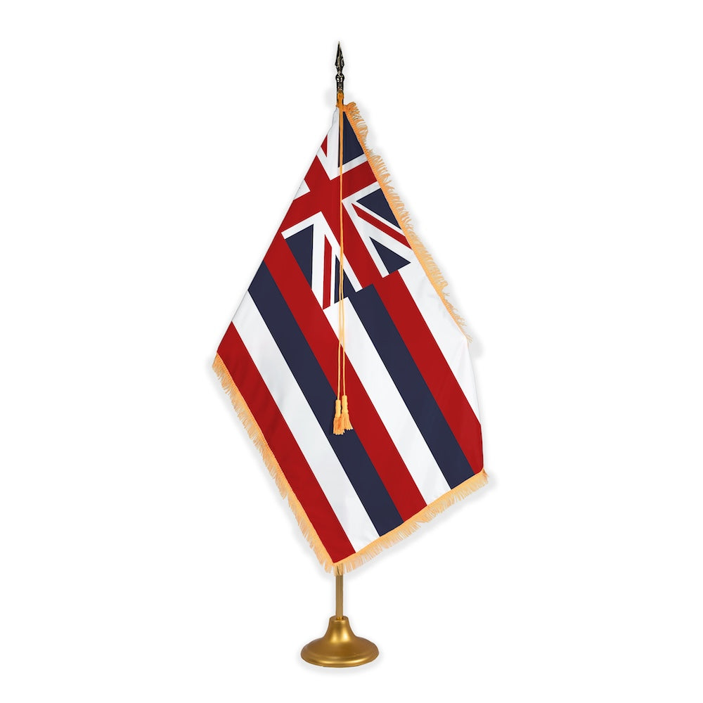 Hawaii adjustable indoor flag set with gold fringe on metal stand