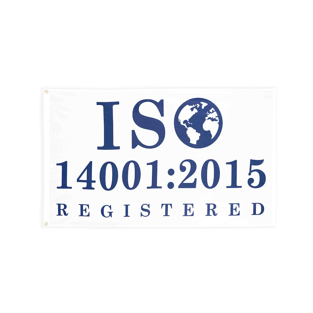 ISO 14001:2015 blue flag with heading and grommets