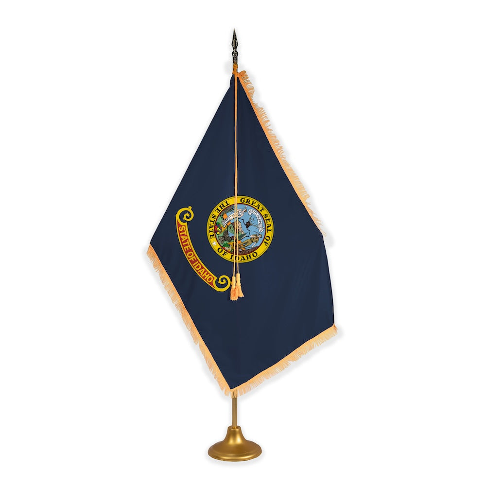 Idaho adjustable indoor flag set with gold fringe on metal stand