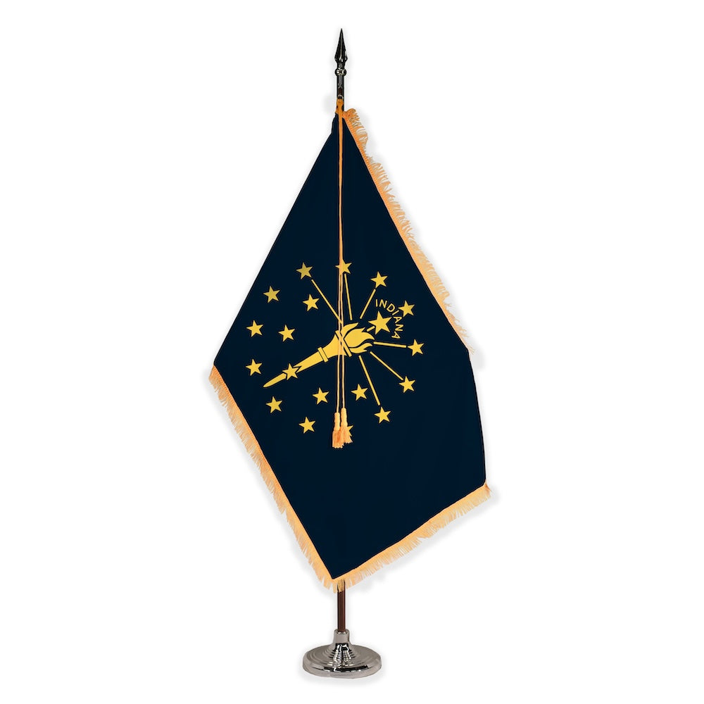 Indiana deluxe oak indoor flag set with gold fringe on plastic stand
