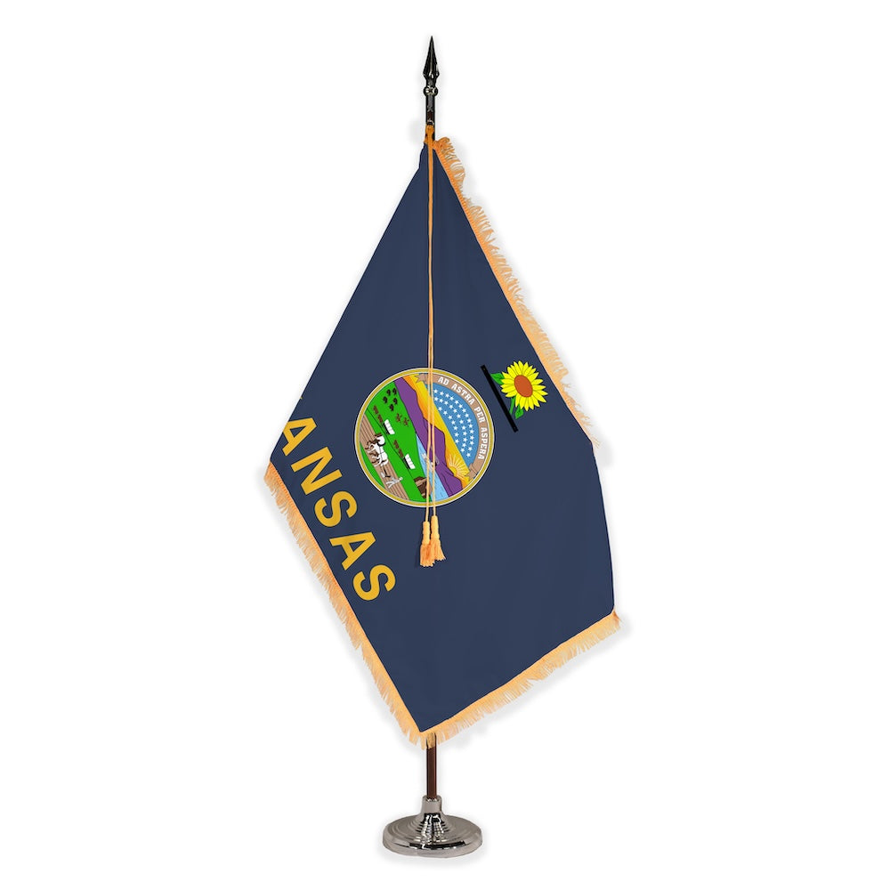 Kansas deluxe oak indoor flag set with gold fringe on plastic stand