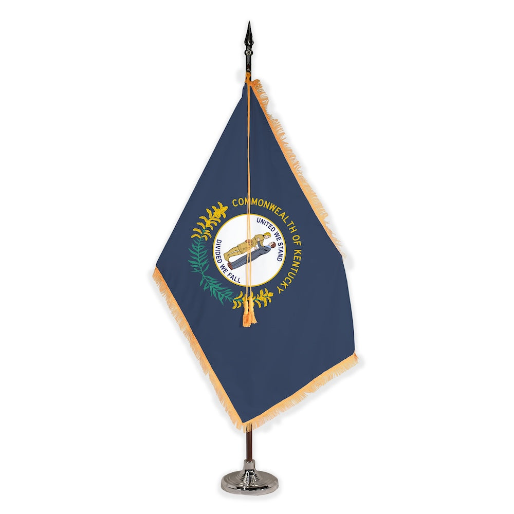 Kentucky deluxe oak indoor flag set with gold fringe on plastic stand