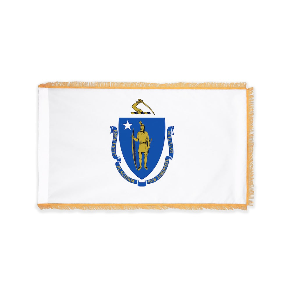 Massachusetts state flag with pole sleeve and fringe