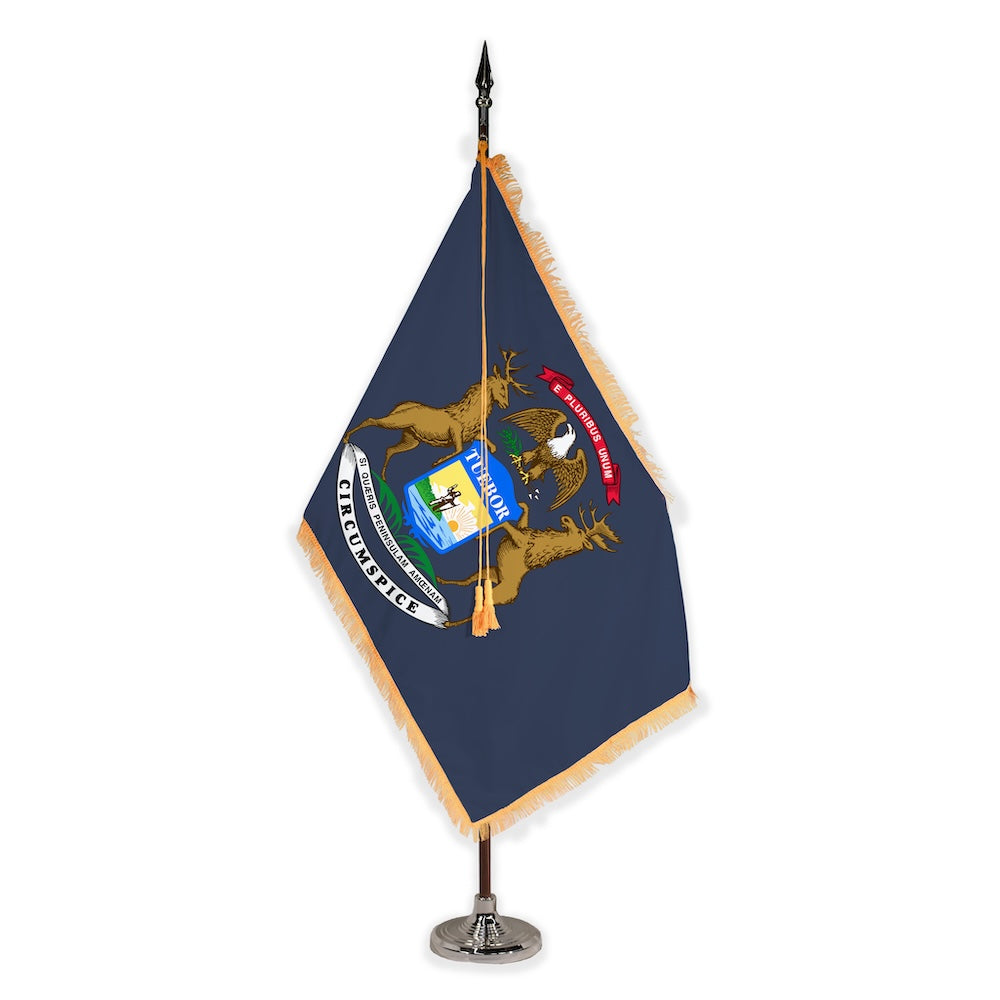 Michigan deluxe oak indoor flag set with gold fringe on plastic stand