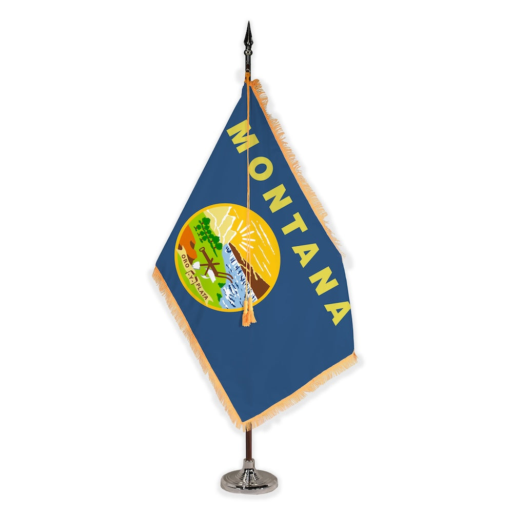 Montana deluxe oak indoor flag set with gold fringe on plastic stand