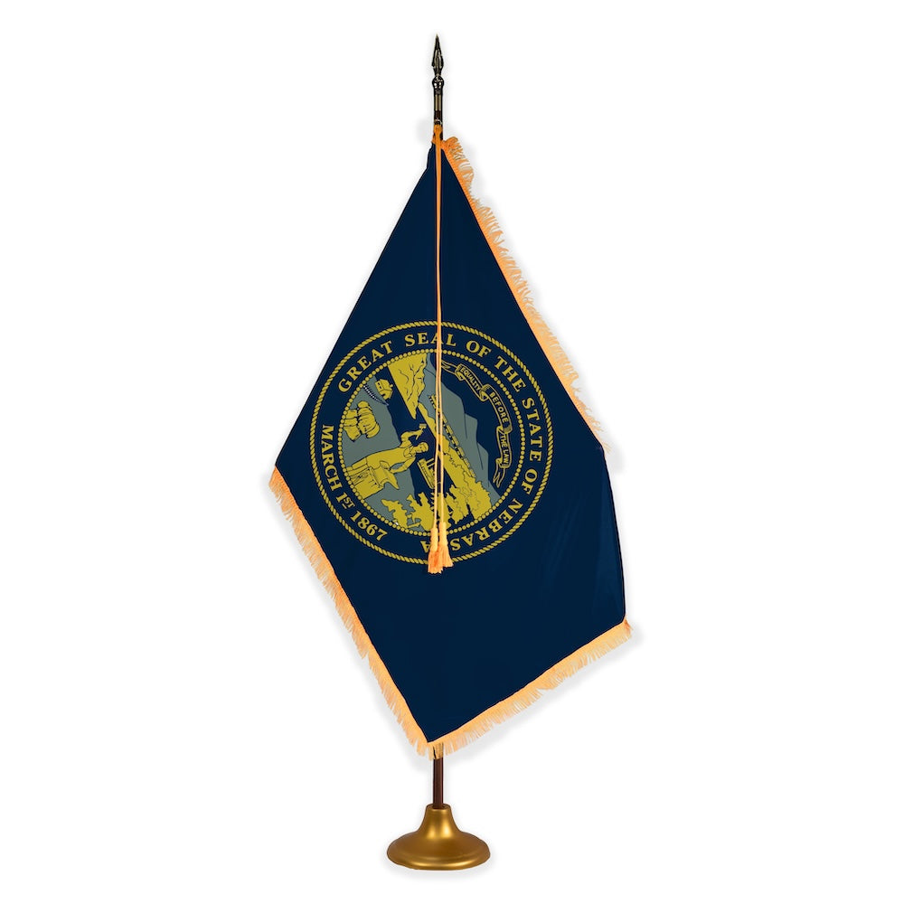 Nebraska deluxe oak indoor flag set with gold fringe on metal stand