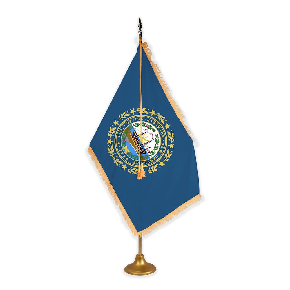 New Hampshire adjustable indoor flag set with gold fringe on metal