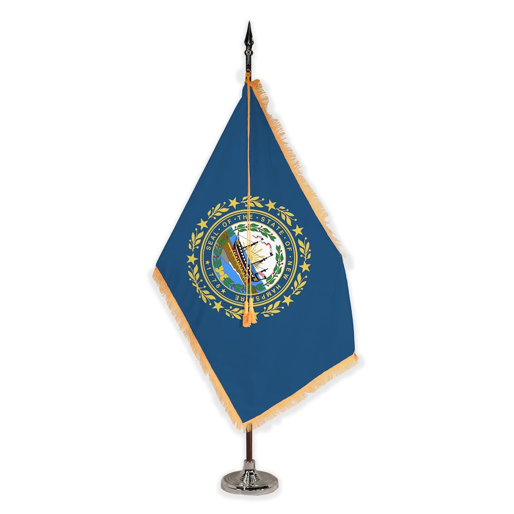 New Hampshire deluxe oak indoor flag set with gold fringe on plastic