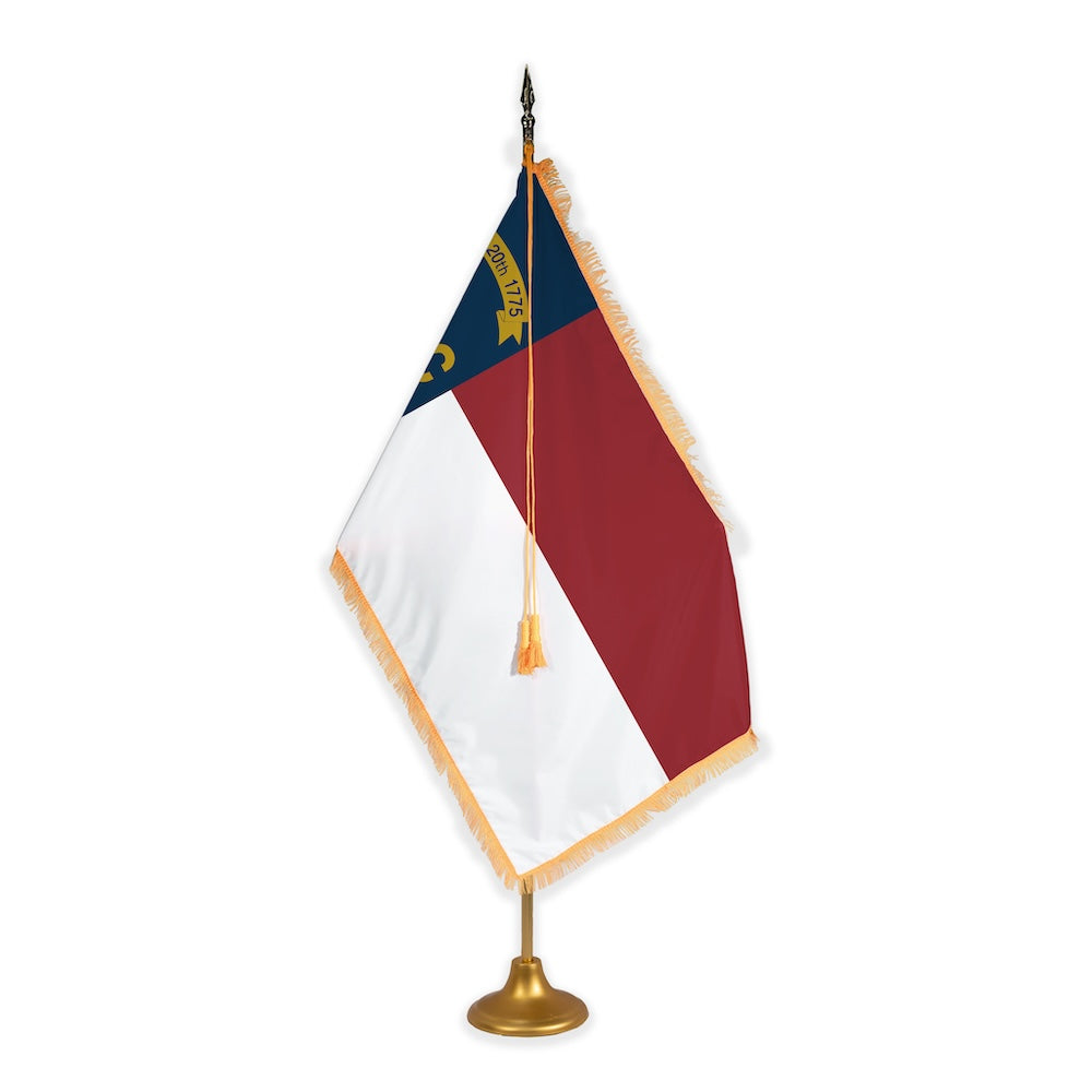 North Carolina adjustable indoor flag set with gold fringe on metal stand
