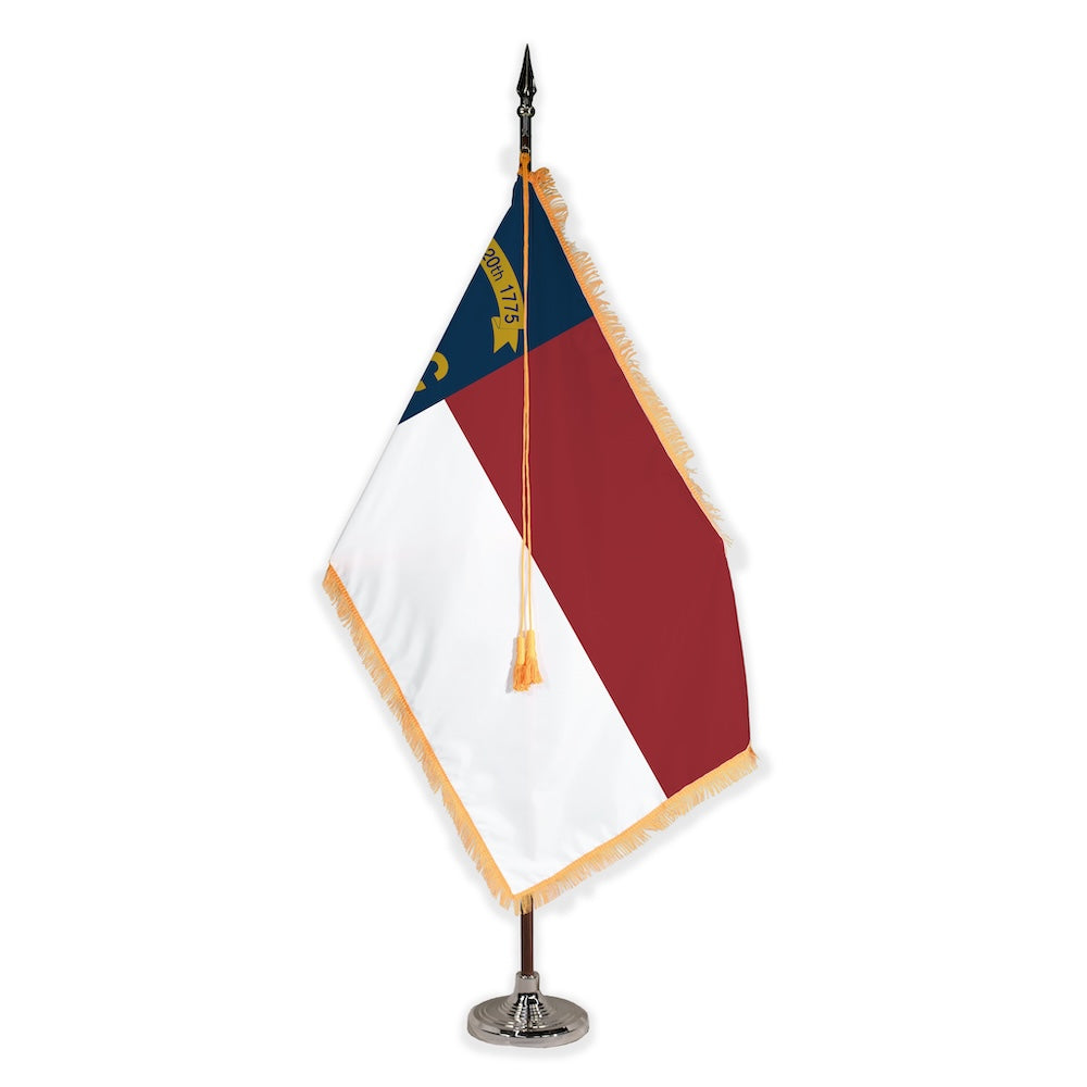 North Carolina deluxe oak indoor flag set with gold fringe on plastic stand