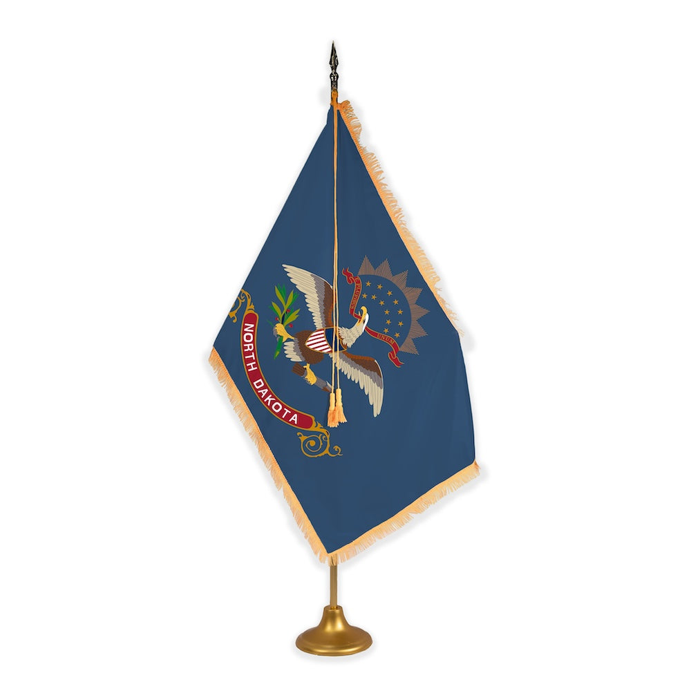 North Dakota adjustable indoor flag set with gold fringe on metal stand