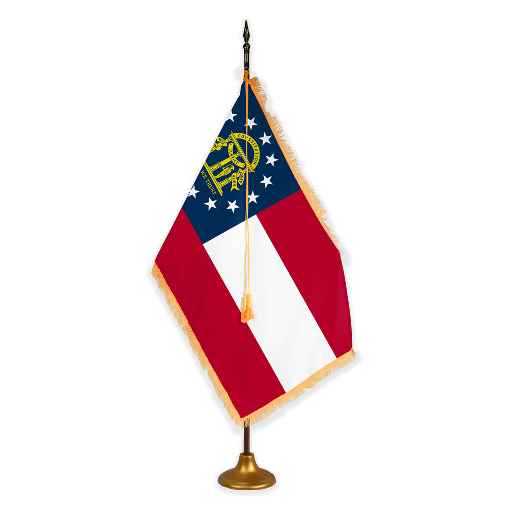 Georgia deluxe oak indoor flag set with gold fringe on metal stand