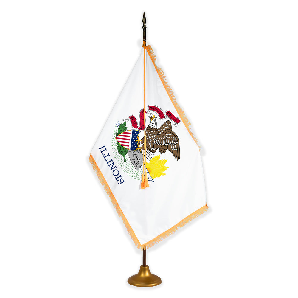 Illinois deluxe oak indoor flag set with gold fringe on metal stand