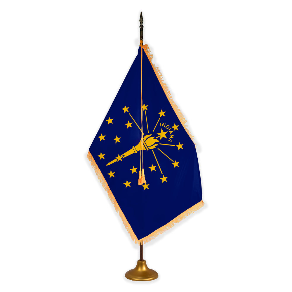Indiana deluxe oak indoor flag set with gold fringe on metal stand