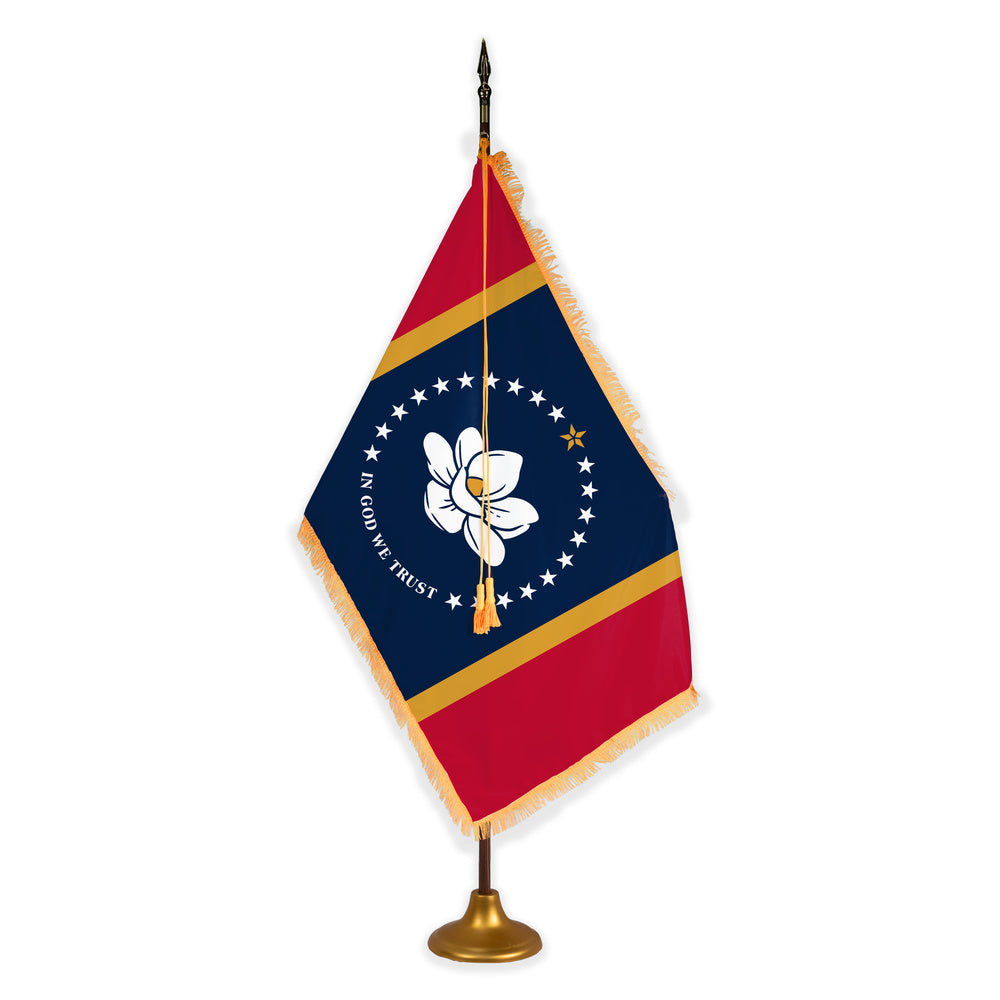 Mississippi deluxe oak indoor flag set with gold fringe on metal stand