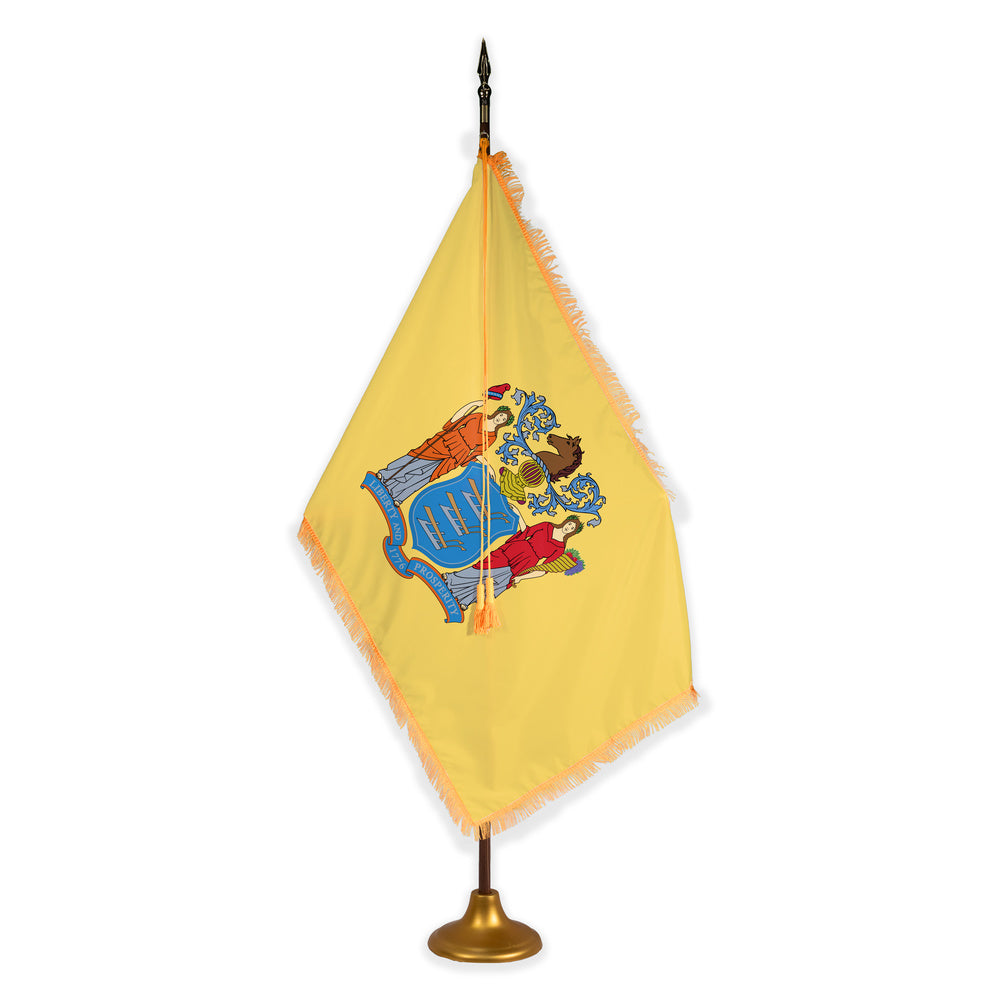 New Jersey deluxe oak indoor flag set with gold fringe on metal stand