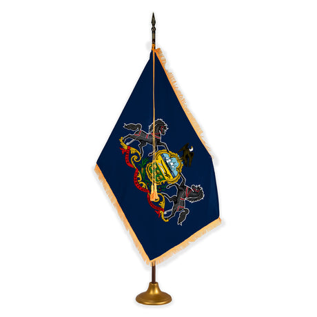 Pennsylvania deluxe oak indoor flag set with gold fringe on metal stand