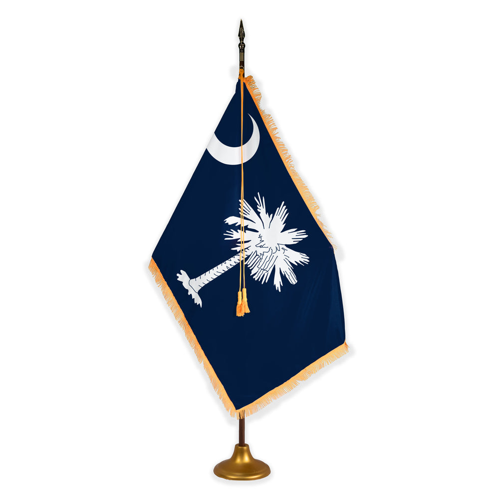 South Carolina deluxe oak indoor flag set with gold fringe on metal stand