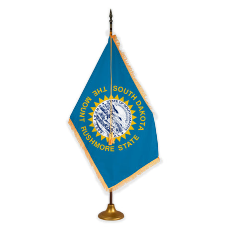 South Dakota deluxe oak indoor flag set with gold fringe on metal stand