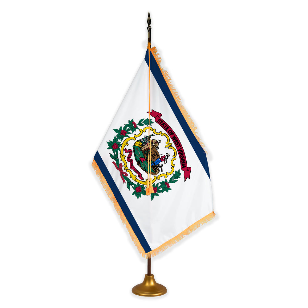 West Virginia deluxe oak indoor flag set with gold fringe on metal stand