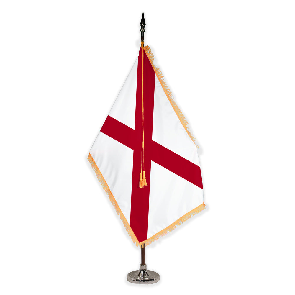 Alabama deluxe oak indoor flag set with gold fringe on plastic stand