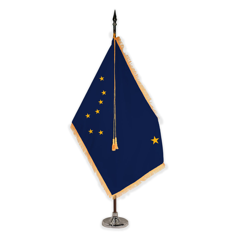 Alaska deluxe oak indoor flag set with gold fringe on plastic stand