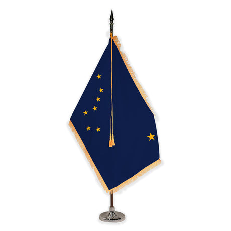 Alaska deluxe oak indoor flag set with gold fringe on plastic stand