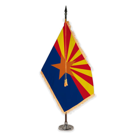 Arizona deluxe oak indoor flag set with gold fringe on plastic stand