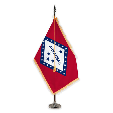 Arkansas deluxe oak indoor flag set with gold fringe on plastic stand