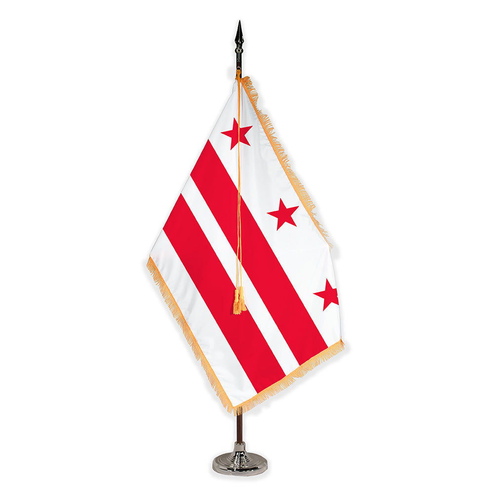 District of Columbia deluxe oak indoor flag set with gold fringe on plastic stand