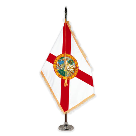 Florida deluxe oak indoor flag set with gold fringe on plastic stand