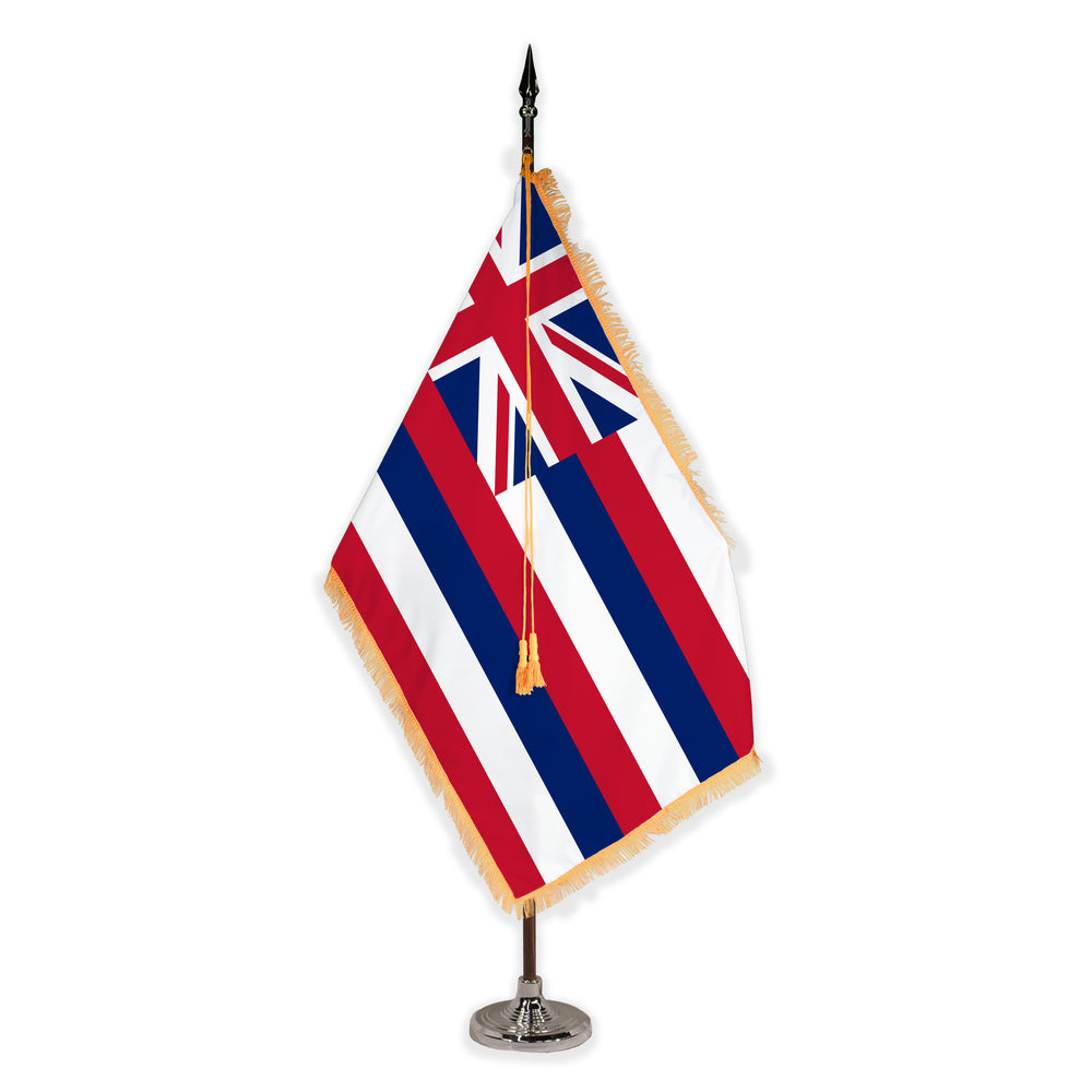 Hawaii deluxe oak indoor flag set with gold fringe on plastic stand