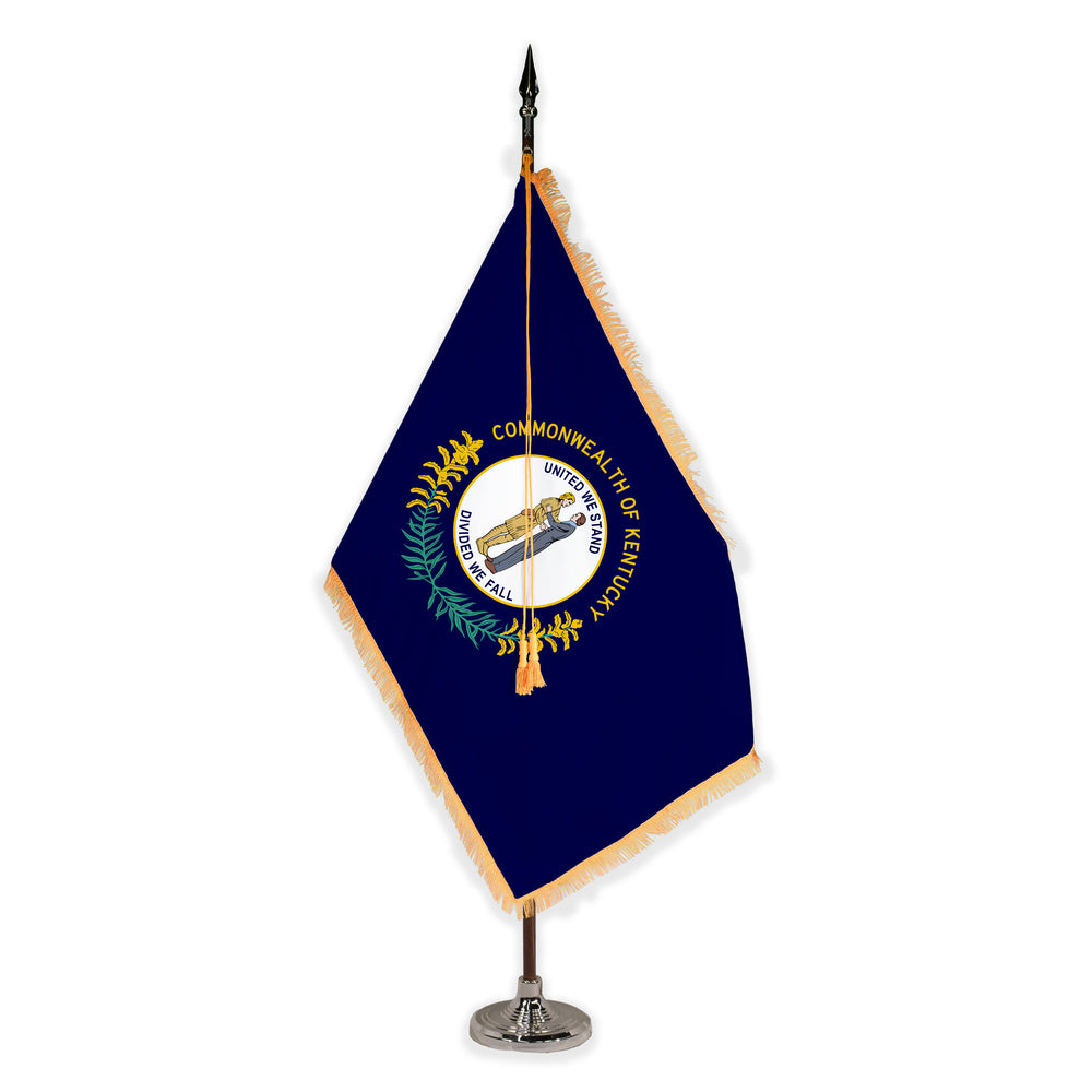 Kentucky deluxe oak indoor flag set with gold fringe on plastic stand