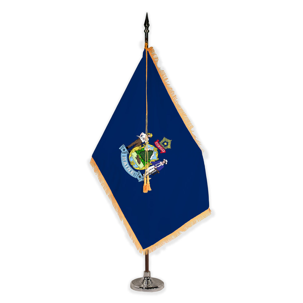 Maine deluxe oak indoor flag set with gold fringe on plastic stand