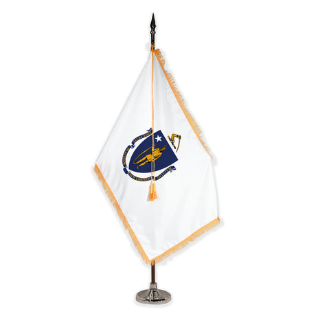 Massachusetts deluxe oak indoor flag set with gold fringe on plastic stand