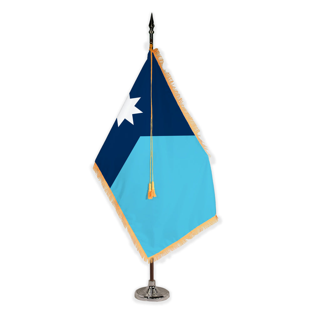 Minnesota deluxe oak indoor flag set with gold fringe on plastic stand