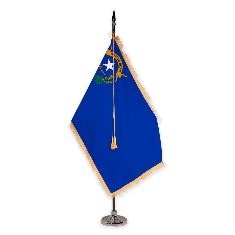Nevada deluxe oak indoor flag set with gold fringe on plastic stand