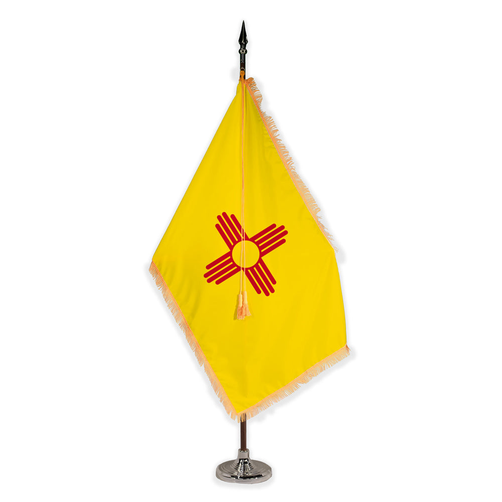 New Mexico deluxe oak indoor flag set with gold fringe on plastic stand