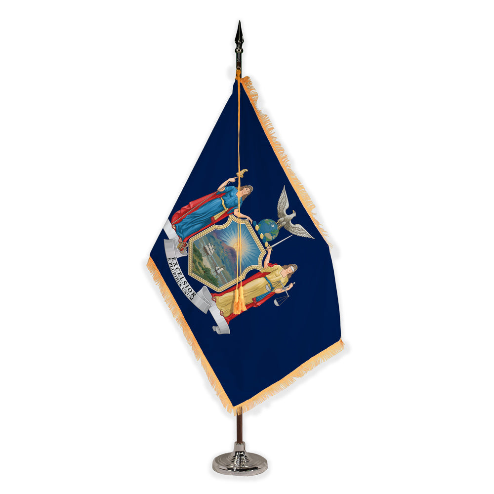 New York deluxe oak indoor flag set with gold fringe on plastic stand