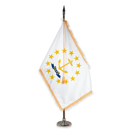 Rhode Island deluxe oak indoor flag set with gold fringe on plastic stand